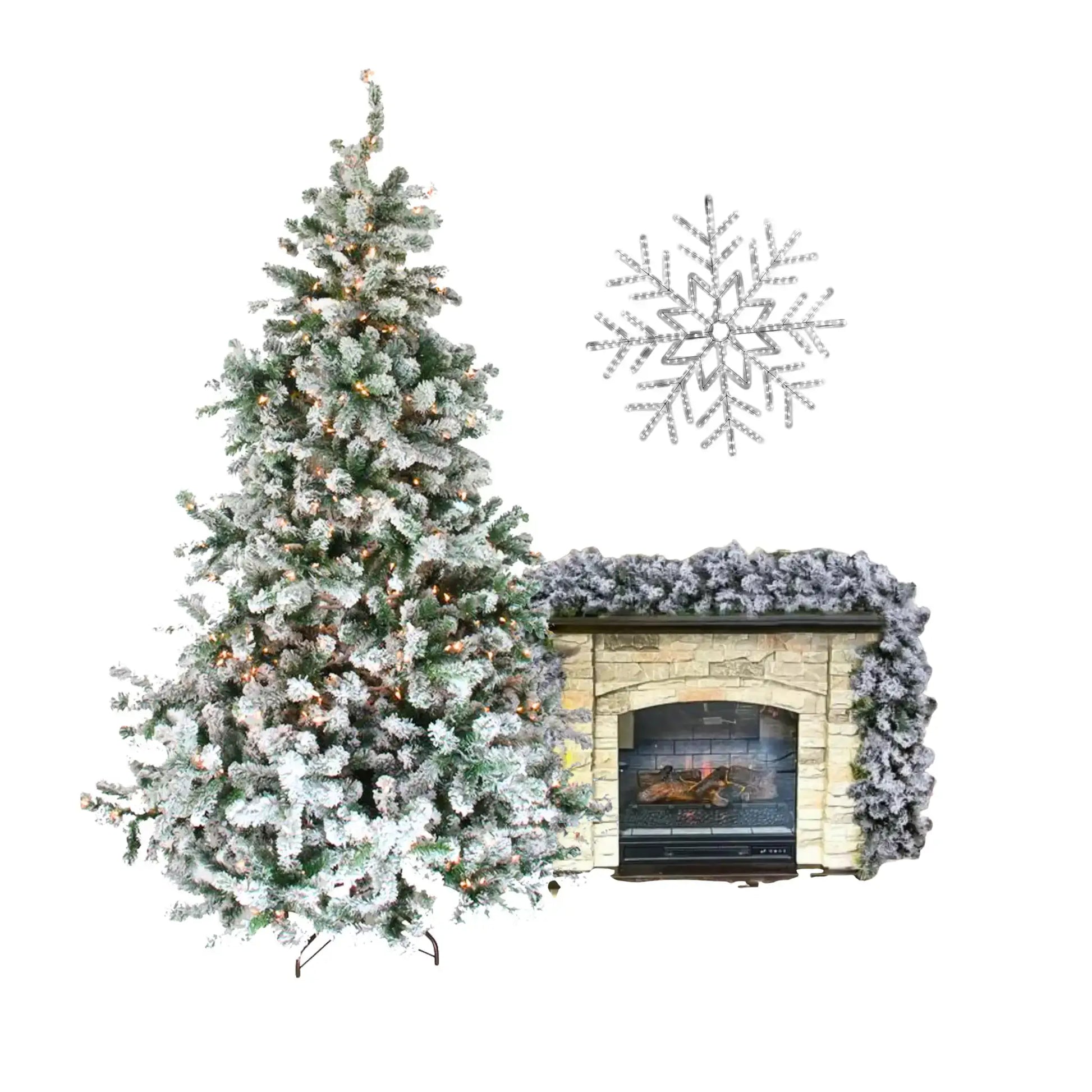 Decorative Christmas tree with snowflake and fireplace with garland on a white background