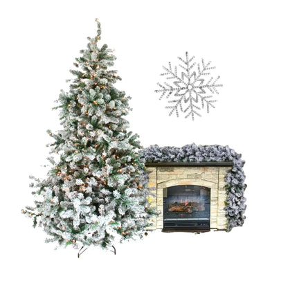 Decorative Christmas tree with snowflake and fireplace with garland on a white background