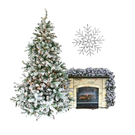 Decorative Christmas tree with snowflake and fireplace with garland on a white background